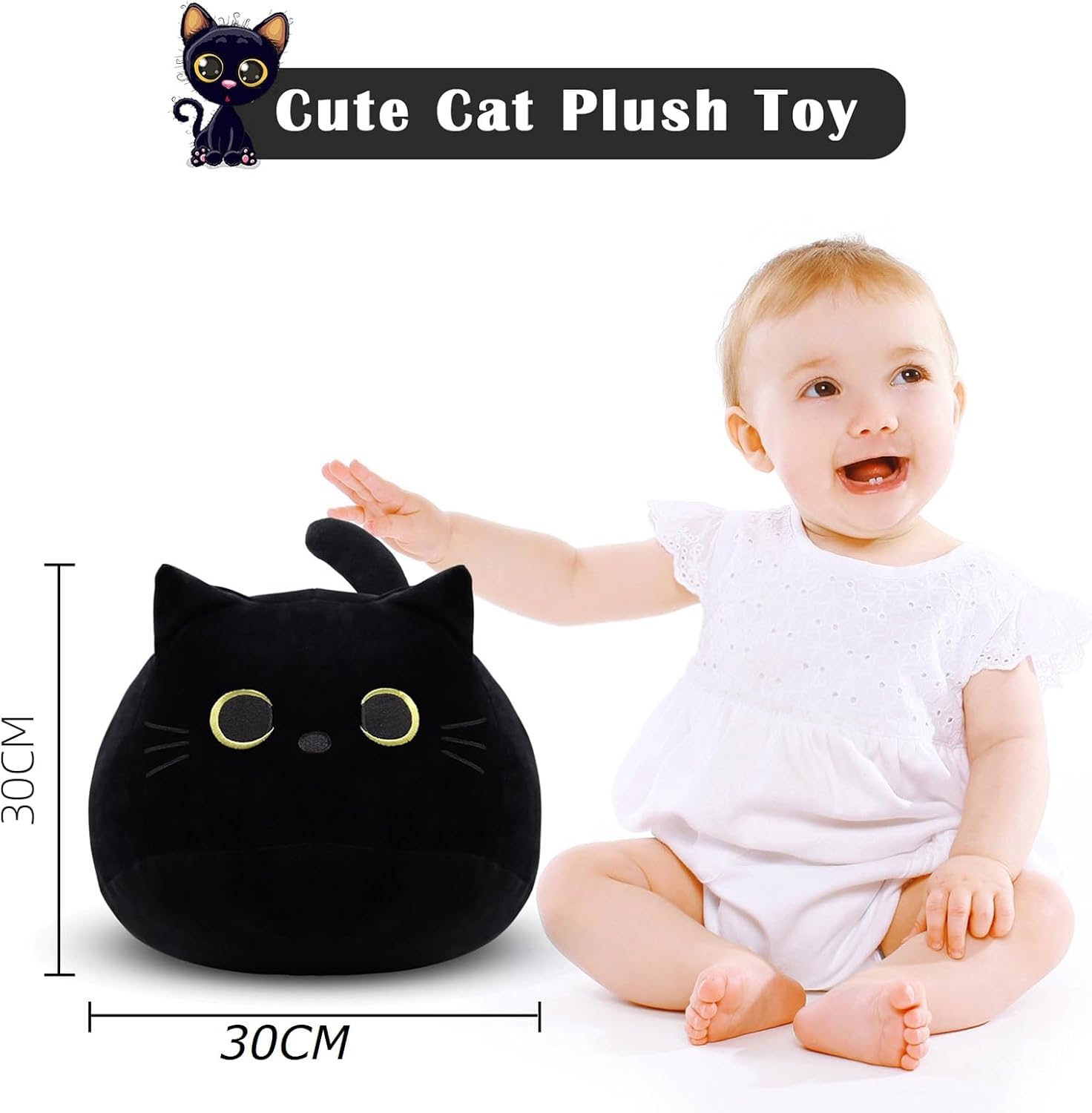 30CM Black Cat Plush Pillow,Black Cat Stuffed Animals,Cute Kitten Plushie for Boys Girls,Kawaii Kitten Plush for Boys Girls Kids