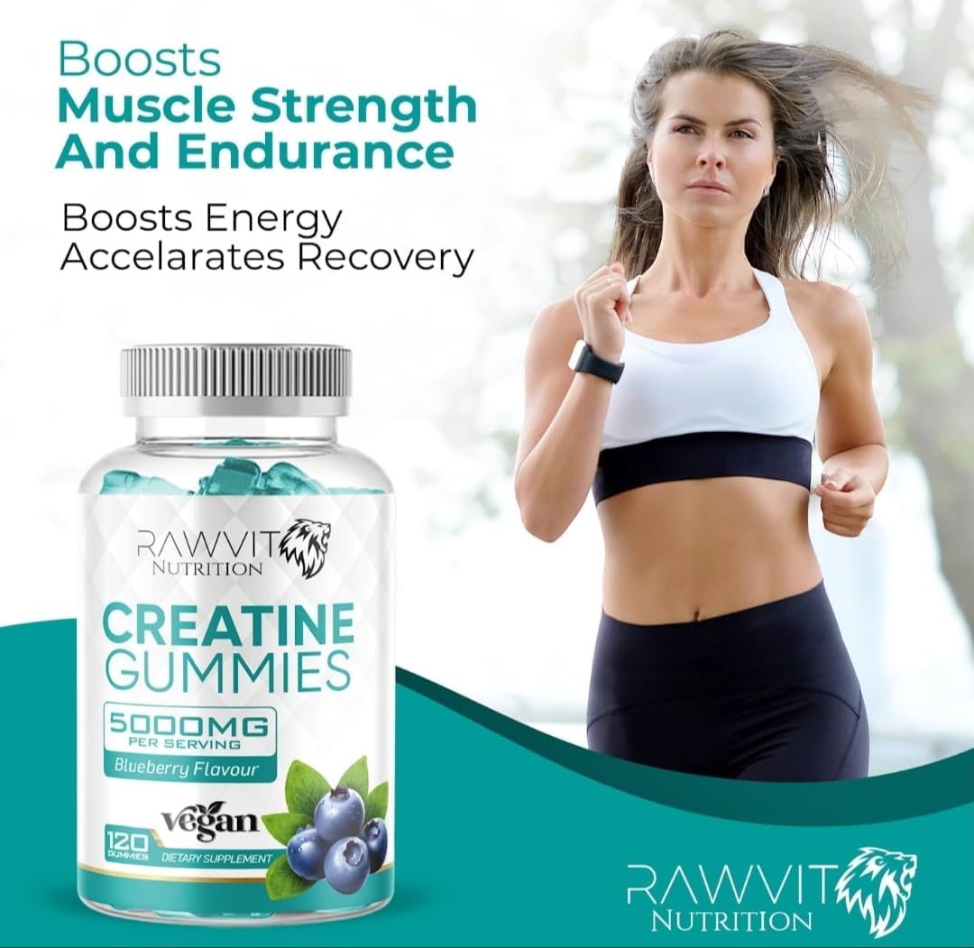 Creatine Monohydrate Gummies, 5000mg, 40-60 Days' Supply, 120 Gummies, Vegan, Blueberry Flavour Muscle Building Supplement