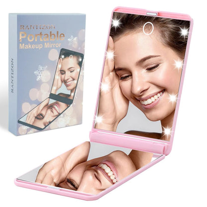 Victoper Rantizon Portable Makeup Mirror Dimmable 8 LEDs Lighted Mirror 1X & 2X Magnification Cosmetic Illuminated Handbag Mirror Foldable Double Facettes Pocket Mirror Compact Mirror…
