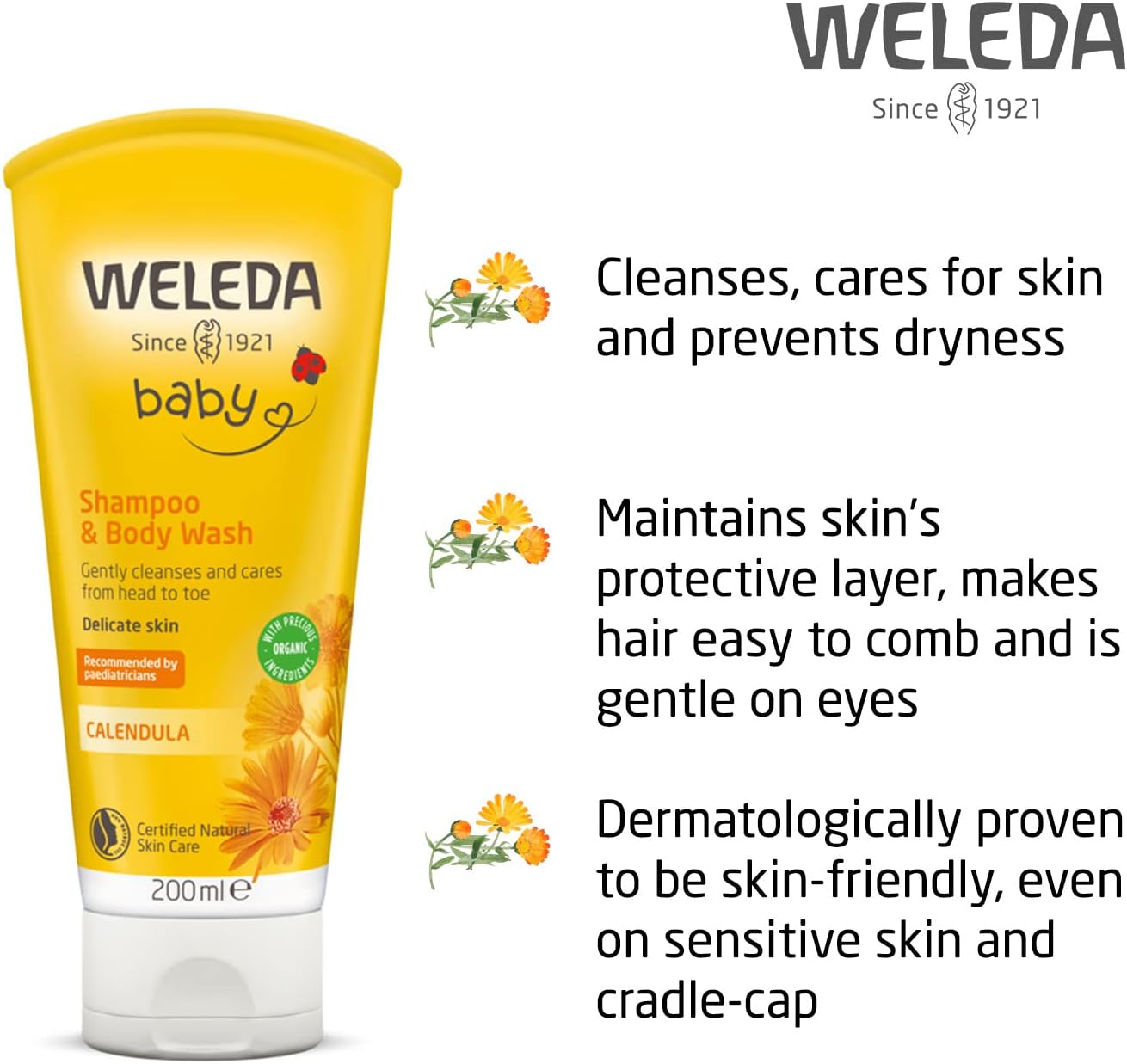 Weleda Baby Shampoo & Body Wash w. Calendula, Sensitive Kids Shampoo & Baby Bath Wash, Baby Face Wash & baby Shower Cream in One, by Weleda Baby Skincare - 200ml