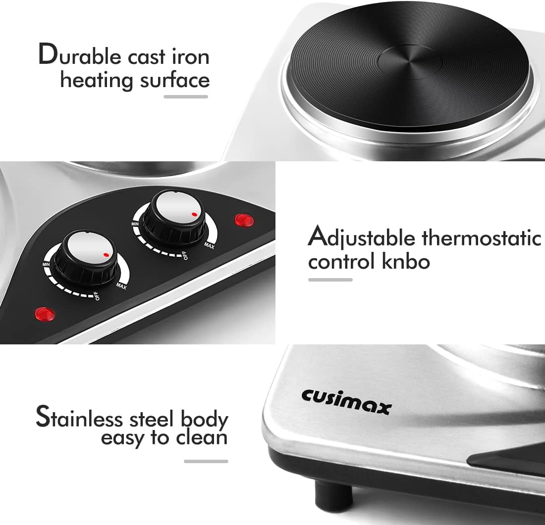Double Hot Plate, CUSIMAX Electric Hot Plate for Cooking Portable Electric Hob, Cooktop Table Top Hob with 2 Cast Iron Rings Double Burner with Dual Temperature Control Stainless Steel