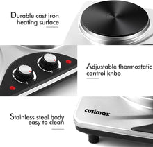 Double Hot Plate, CUSIMAX Electric Hot Plate for Cooking Portable Electric Hob, Cooktop Table Top Hob with 2 Cast Iron Rings Double Burner with Dual Temperature Control Stainless Steel