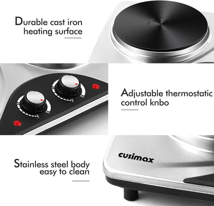 Double Hot Plate, CUSIMAX Electric Hot Plate for Cooking Portable Electric Hob, Cooktop Table Top Hob with 2 Cast Iron Rings Double Burner with Dual Temperature Control Stainless Steel
