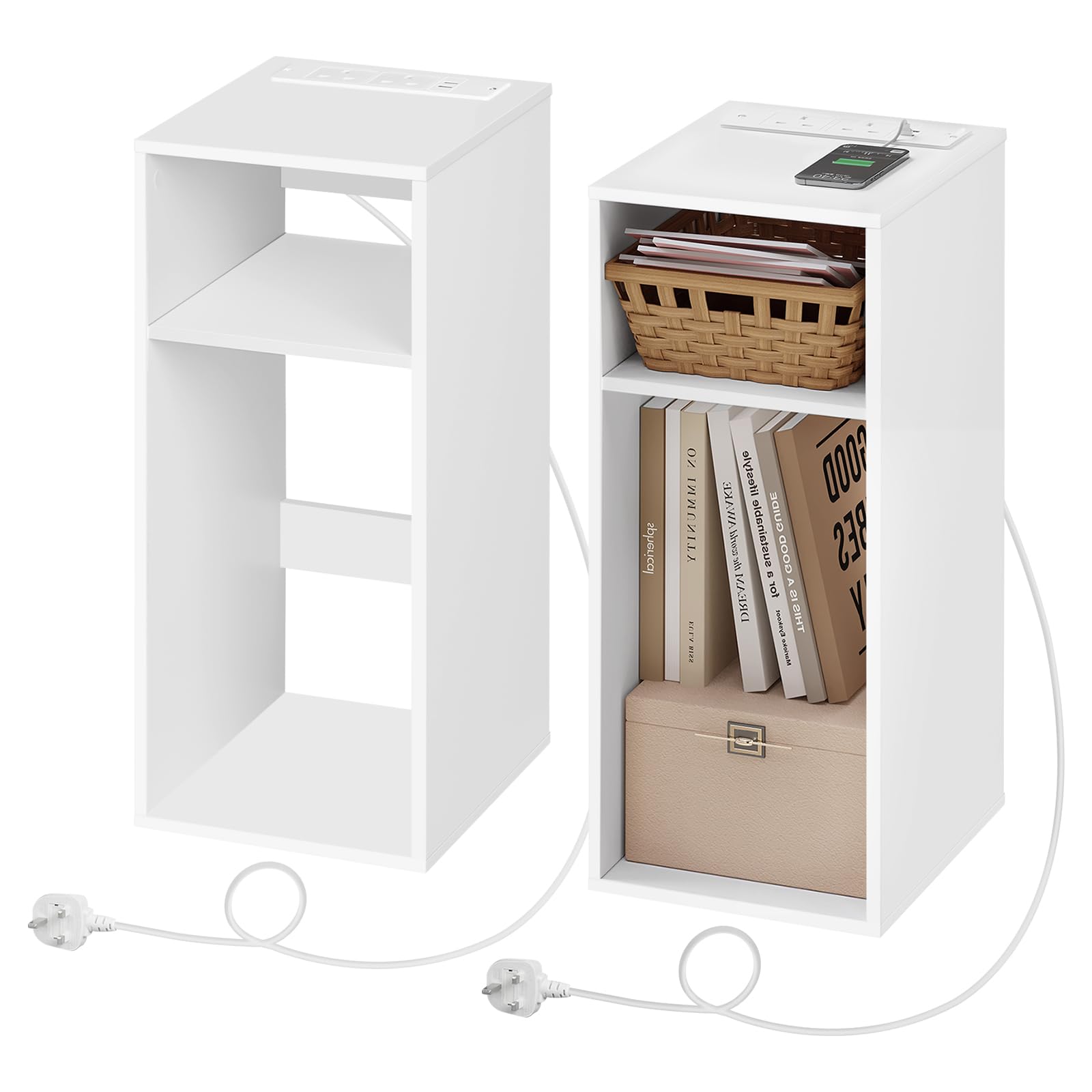 WOLTU Bedside Table, Nightstand with Charging Station with 2 Sockets and 2 USB Ports, Light Woodlook Side Table with 2 Open Compartments, Narrow Table for Living Room and Bedroom, 25x30x60cm, NTS06hei