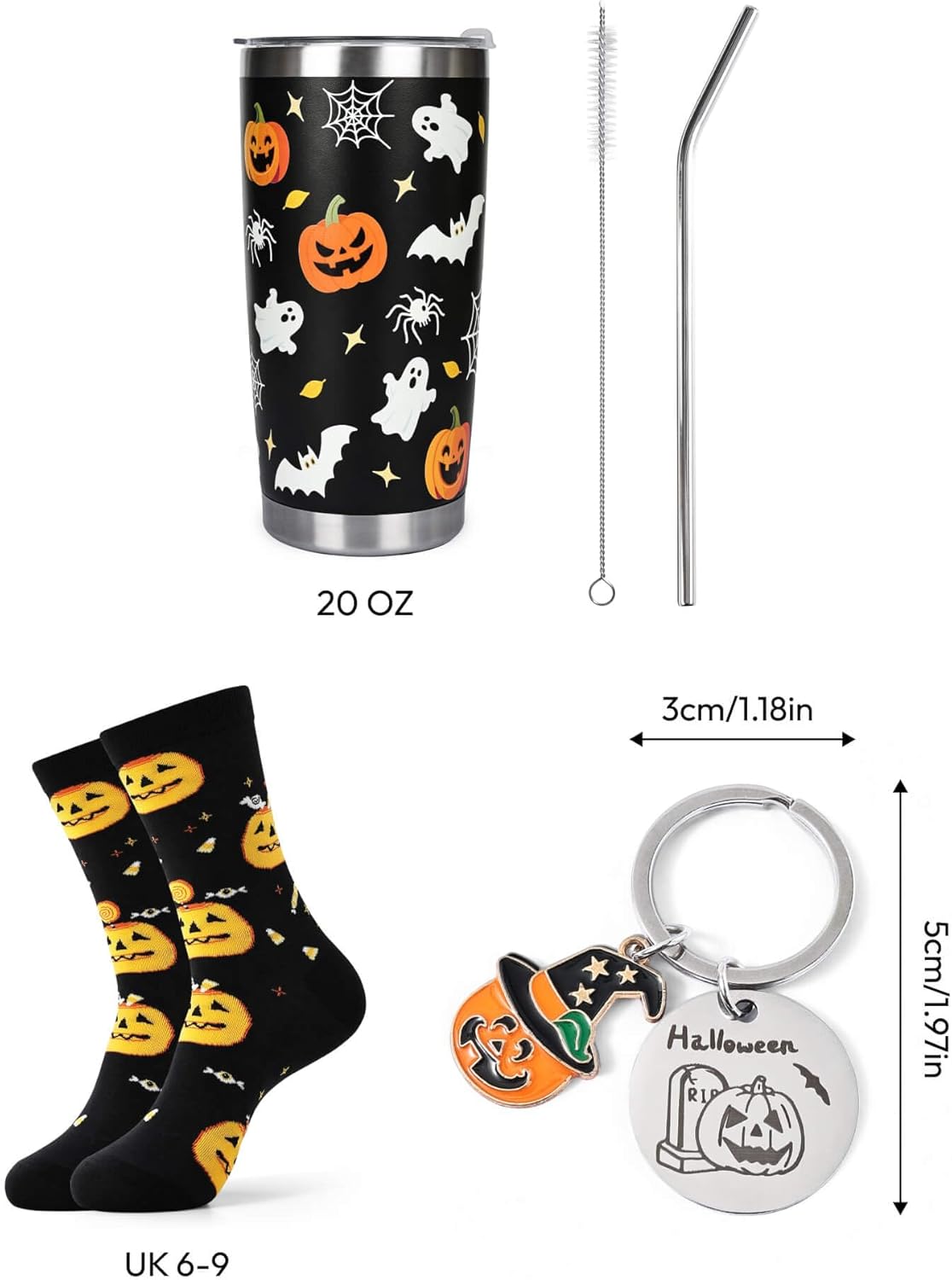 Halloween Gifts for Women Halloween Mug Socks 6-9 Pumpkin Keychain Haloween Accessories Ladies Gifts for Her Presents for Women Hallowee