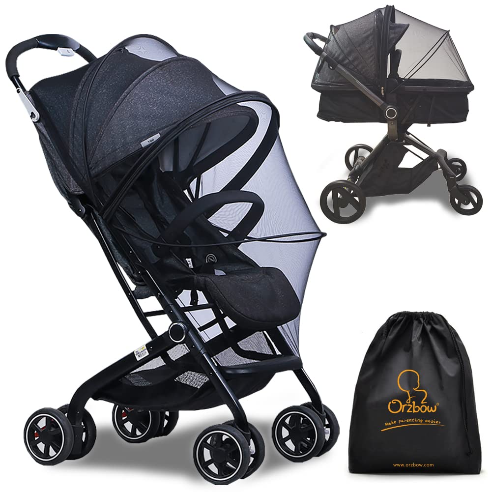 Orzbow Universal Baby Mosquito Net & Buggy Sun Shade with UPF50+,Breathable Pram Net Cover with Two-way Zipper & Adjustable Stroller Sun Cover with Bag for Pushchair,Car Seat & Carrycot (Black)