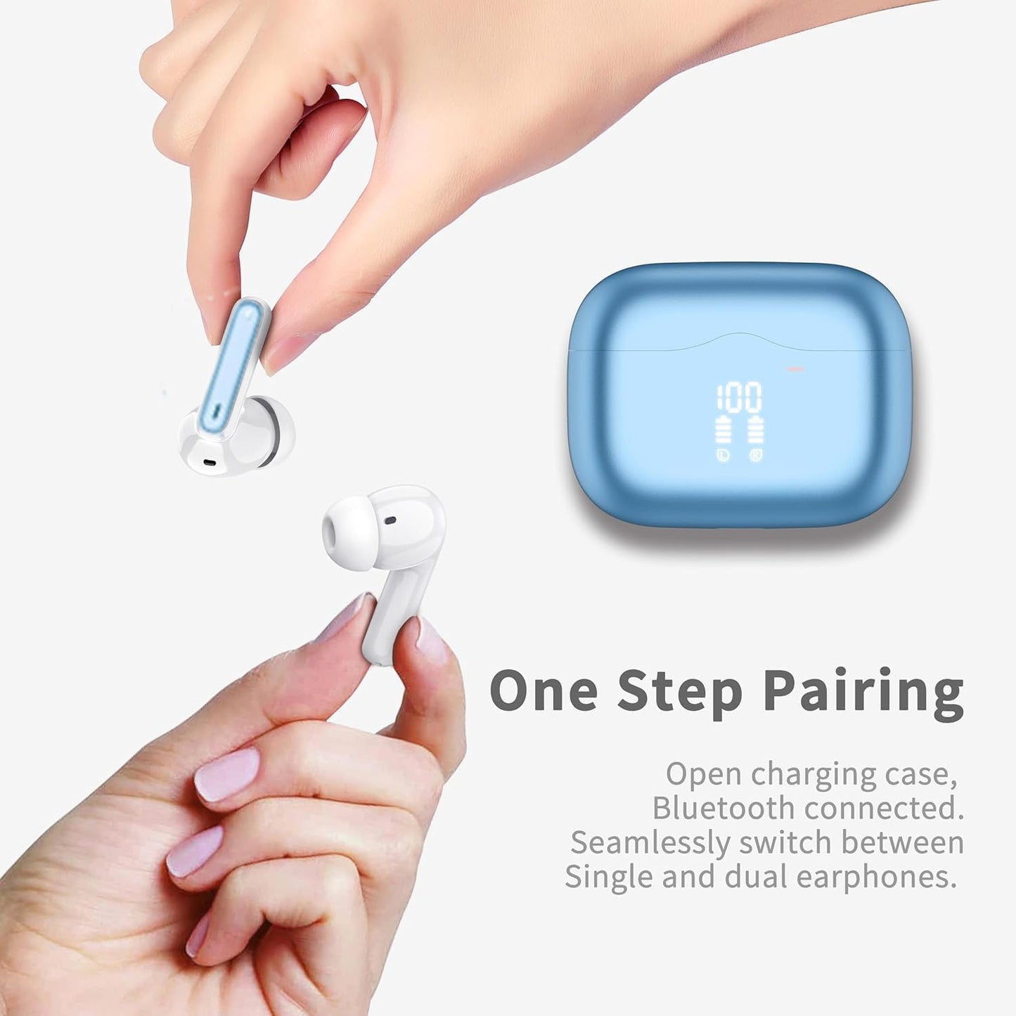 Wireless Earbuds, Bluetooth 5.3 Headphones in Ear with HiFi Stereo Deep Bass, 4 ENC Noise Cancelling Mic Wireless Earphones 40H Playtime, Bluetooth Earbuds Dual LED Display, IP7 Waterproof, Lake Blue