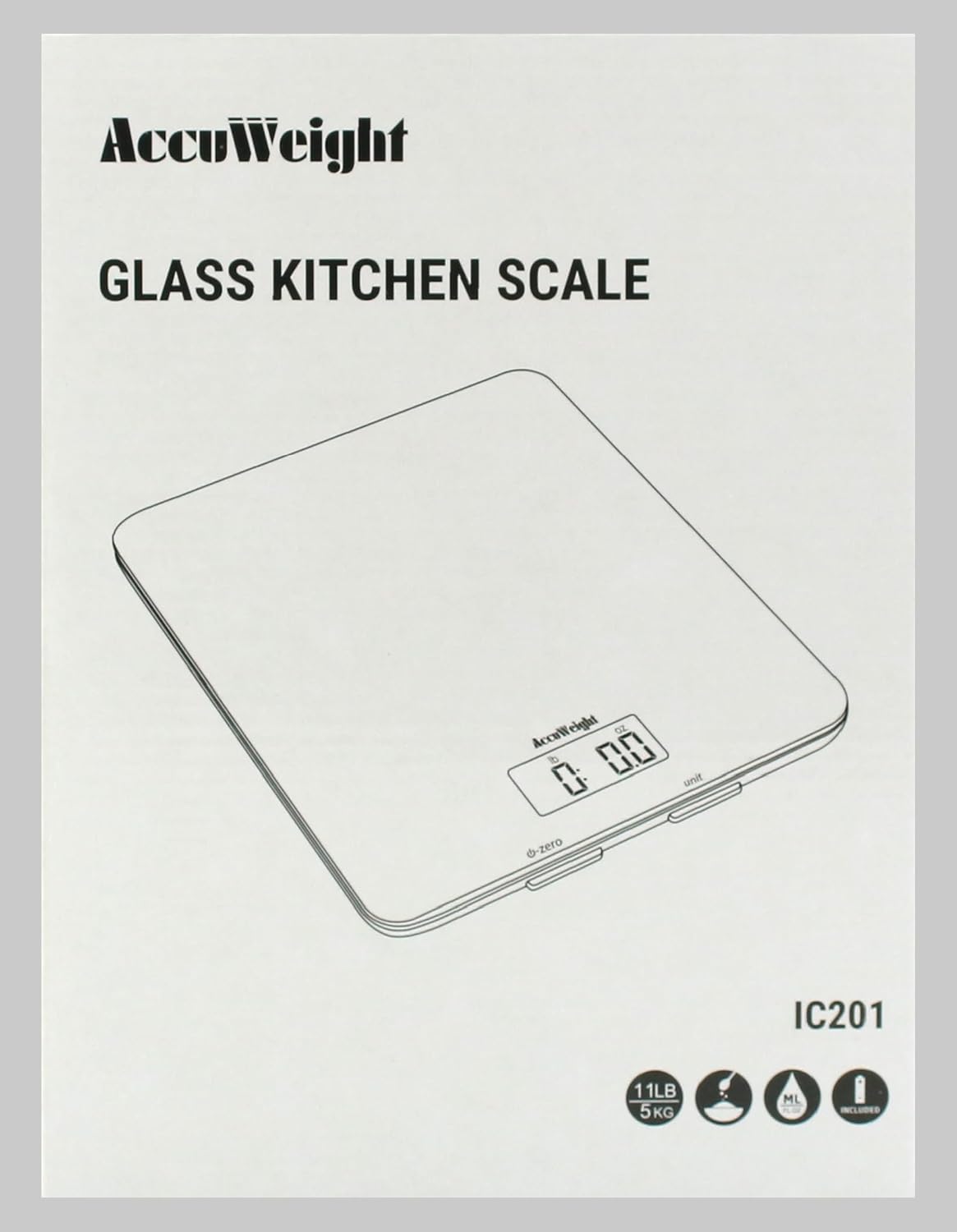 ACCUWEIGHT 201 Digital Kitchen Scales with Tempered Glass Platform (Batteries included), Electronic Weighing Food Scale with Backlit LCD, Multifunction for Office School Home Baking Cooking, 5kg/11lb