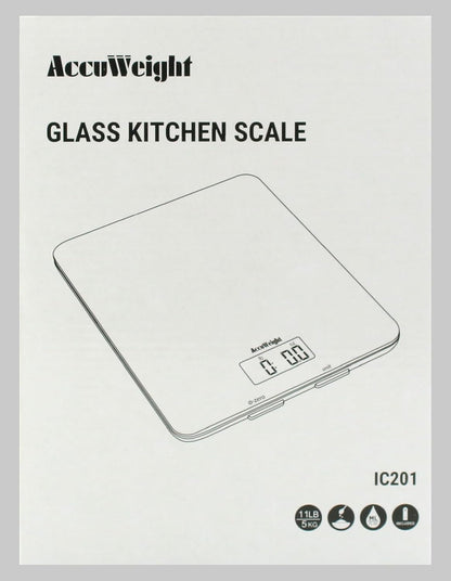 ACCUWEIGHT 201 Digital Kitchen Scales with Tempered Glass Platform (Batteries included), Electronic Weighing Food Scale with Backlit LCD, Multifunction for Office School Home Baking Cooking, 5kg/11lb