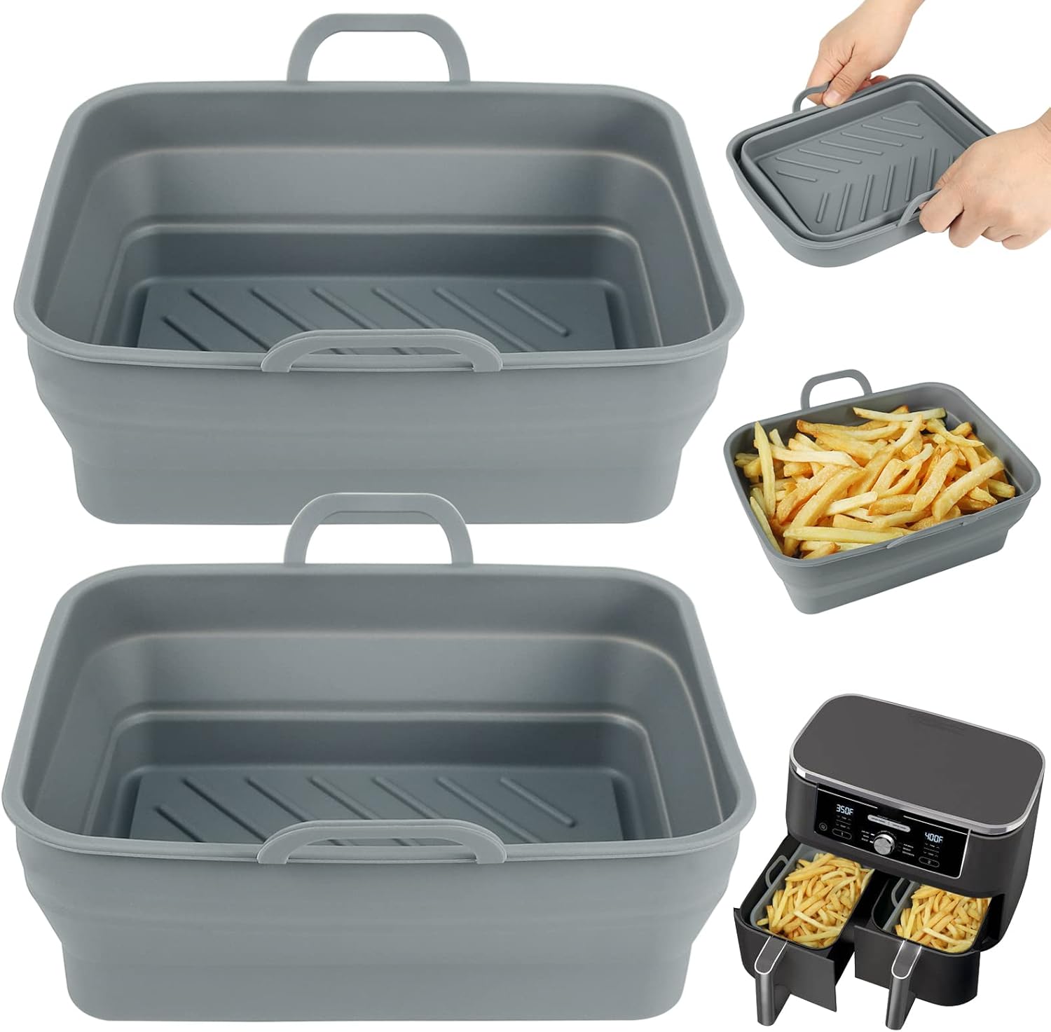 BYKITCHEN 2PCS Air Fryer Silicone Liner for Tower T17088 9L/Ninja Dual, Folding Large Air Fryer Basket Pot, Air Fryer Accessories for Ninja AF400UK/AF451UK 9.5L/Salter/Instant Vortex Plus Air Fryer