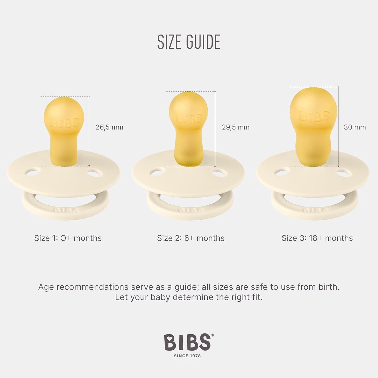 BIBS Colour Soother 2-Pack, BPA Free Dummy Pacifier, Round Nipple. Natural Rubber Latex, Size 1 (0-6 Months), Ivory/Sage