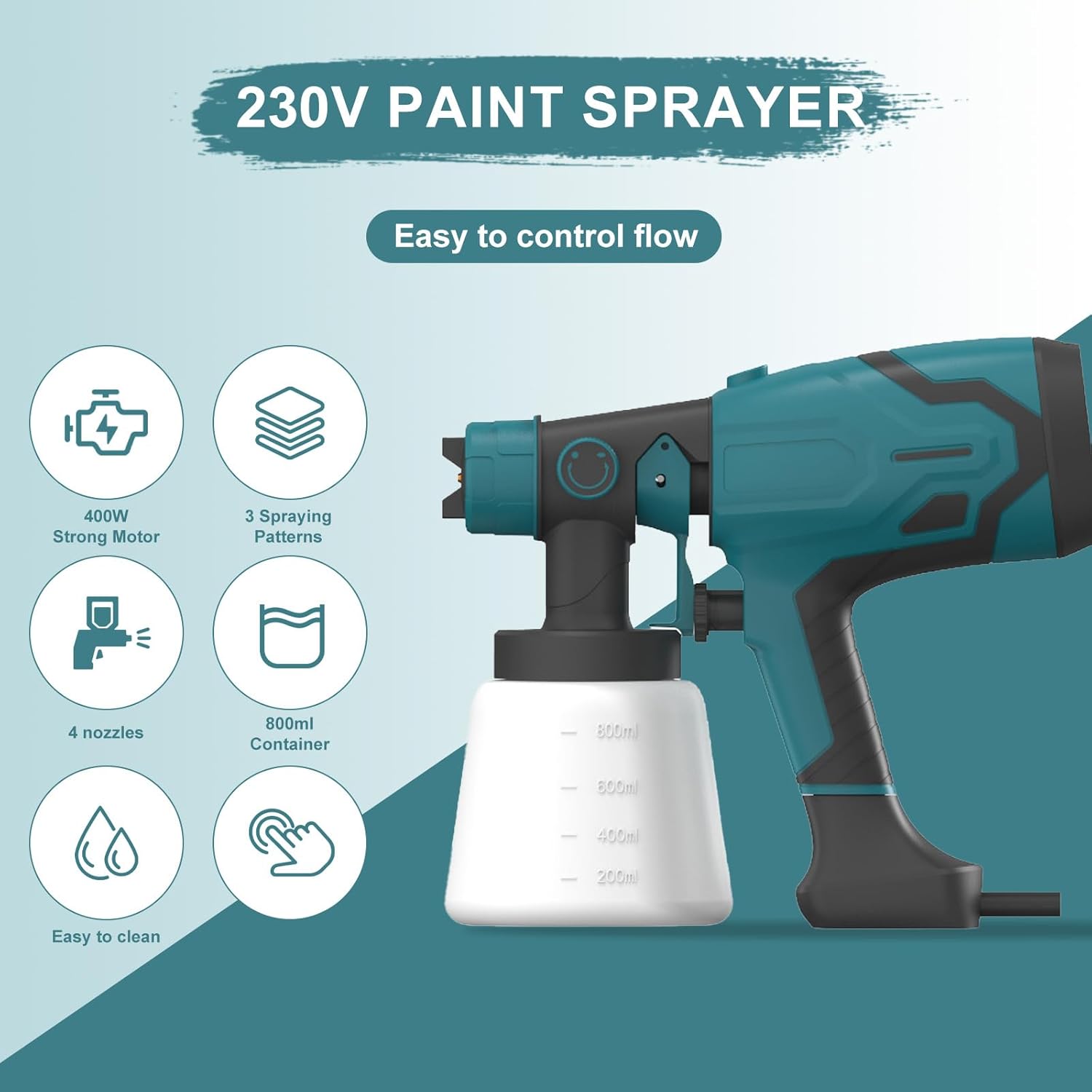 Paint Sprayer 400W, Electric Paint Spray Gun with 800ML Container, Fence Paint Sprayer with 4 Nozzles & 3 Patterns, Adjustable Flow for Walls and Ceilings, Furniture (No battery)