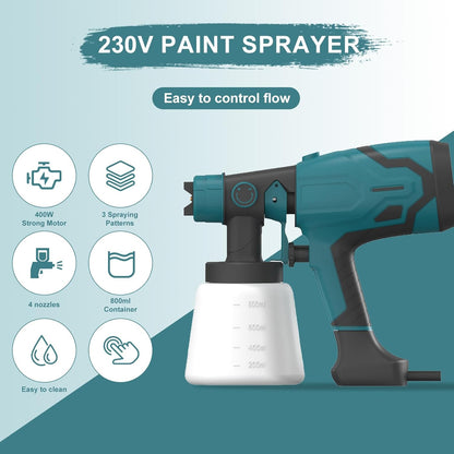Paint Sprayer 400W, Electric Paint Spray Gun with 800ML Container, Fence Paint Sprayer with 4 Nozzles & 3 Patterns, Adjustable Flow for Walls and Ceilings, Furniture (No battery)