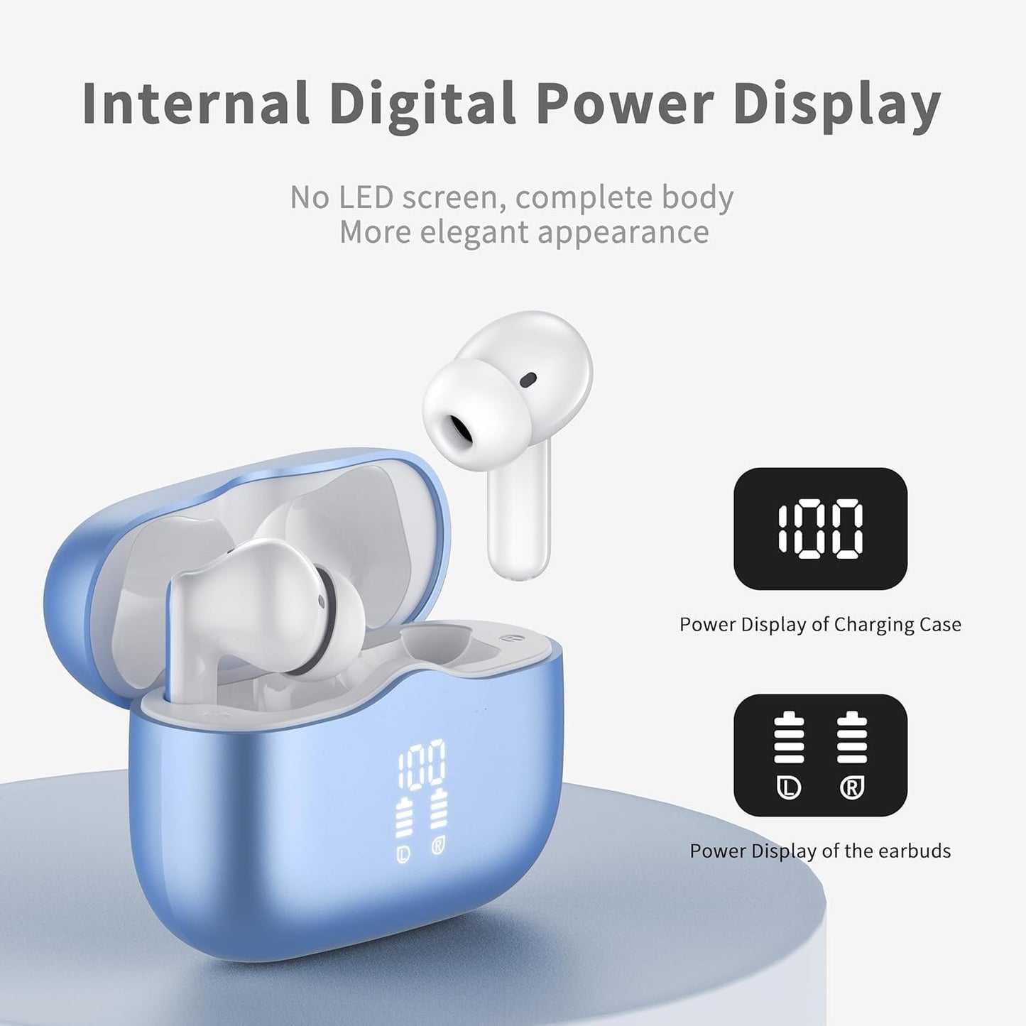 Wireless Earbuds, Bluetooth 5.3 Headphones in Ear with HiFi Stereo Deep Bass, 4 ENC Noise Cancelling Mic Wireless Earphones 40H Playtime, Bluetooth Earbuds Dual LED Display, IP7 Waterproof, Lake Blue