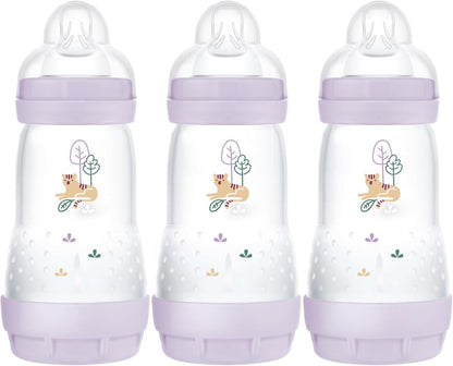 MAM Easy Start Anti-Colic Baby Bottles | 3 Pack (3 x 260) | Self-Sterlising Baby Milk Bottle | Medium Flow MAM Teats Size 2 | Newborn Essentials | Blue (Various Designs)