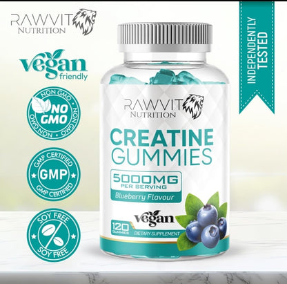 Creatine Monohydrate Gummies, 5000mg, 40-60 Days' Supply, 120 Gummies, Vegan, Blueberry Flavour Muscle Building Supplement