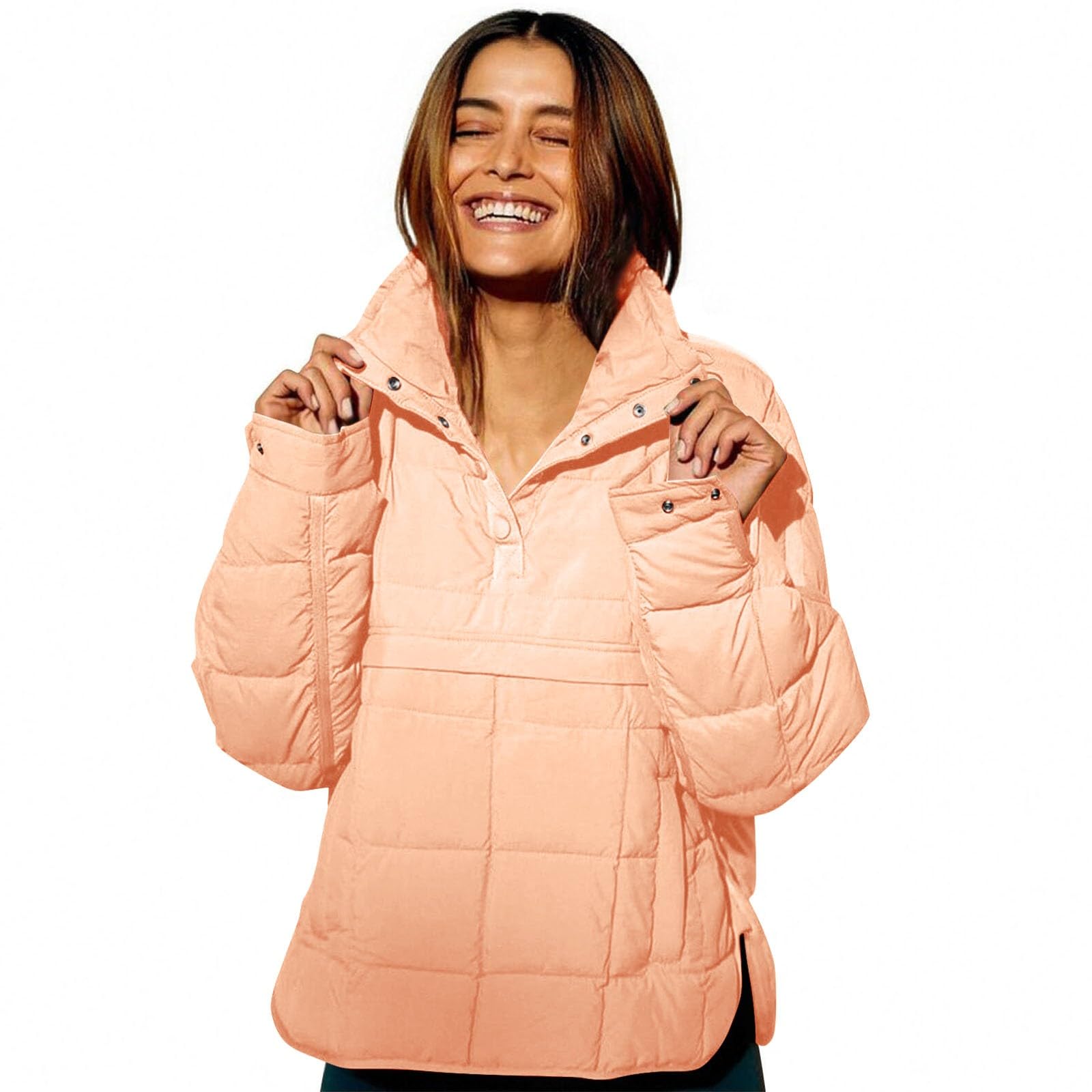 Womens Puffer Pullover Jacket Lightweight Quilted Dolman Hoodies Jackets Quarter Button Full Zip Casual Padded Coats Autumn and Winter Warm Baggy Comfort Outerwear for Hiking Traveling
