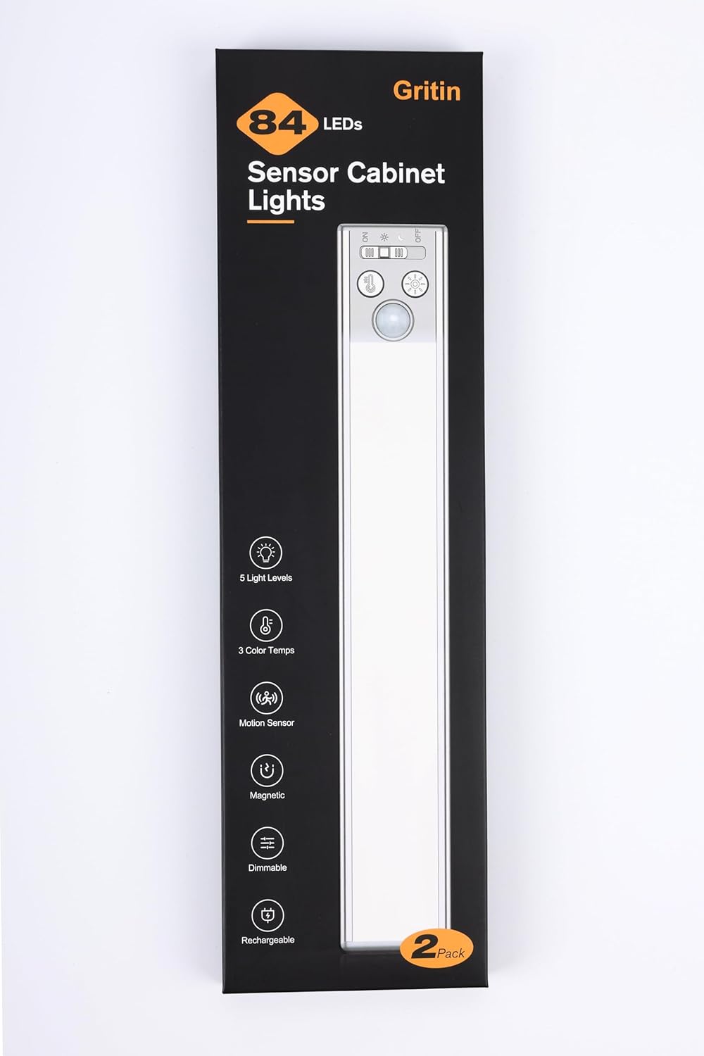 Gritin Under Cabinet Kitchen Lights-84 LED Super Bright,3-Color&5-Brightness,4 Modes,Motion Sensor,Rechargeable 1800mAh Long Lasting-Easy Installation Strong Magnetic Under Closet Light-2 Pack
