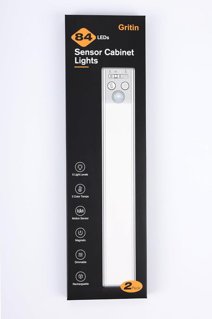 Gritin Under Cabinet Kitchen Lights-84 LED Super Bright,3-Color&5-Brightness,4 Modes,Motion Sensor,Rechargeable 1800mAh Long Lasting-Easy Installation Strong Magnetic Under Closet Light-2 Pack
