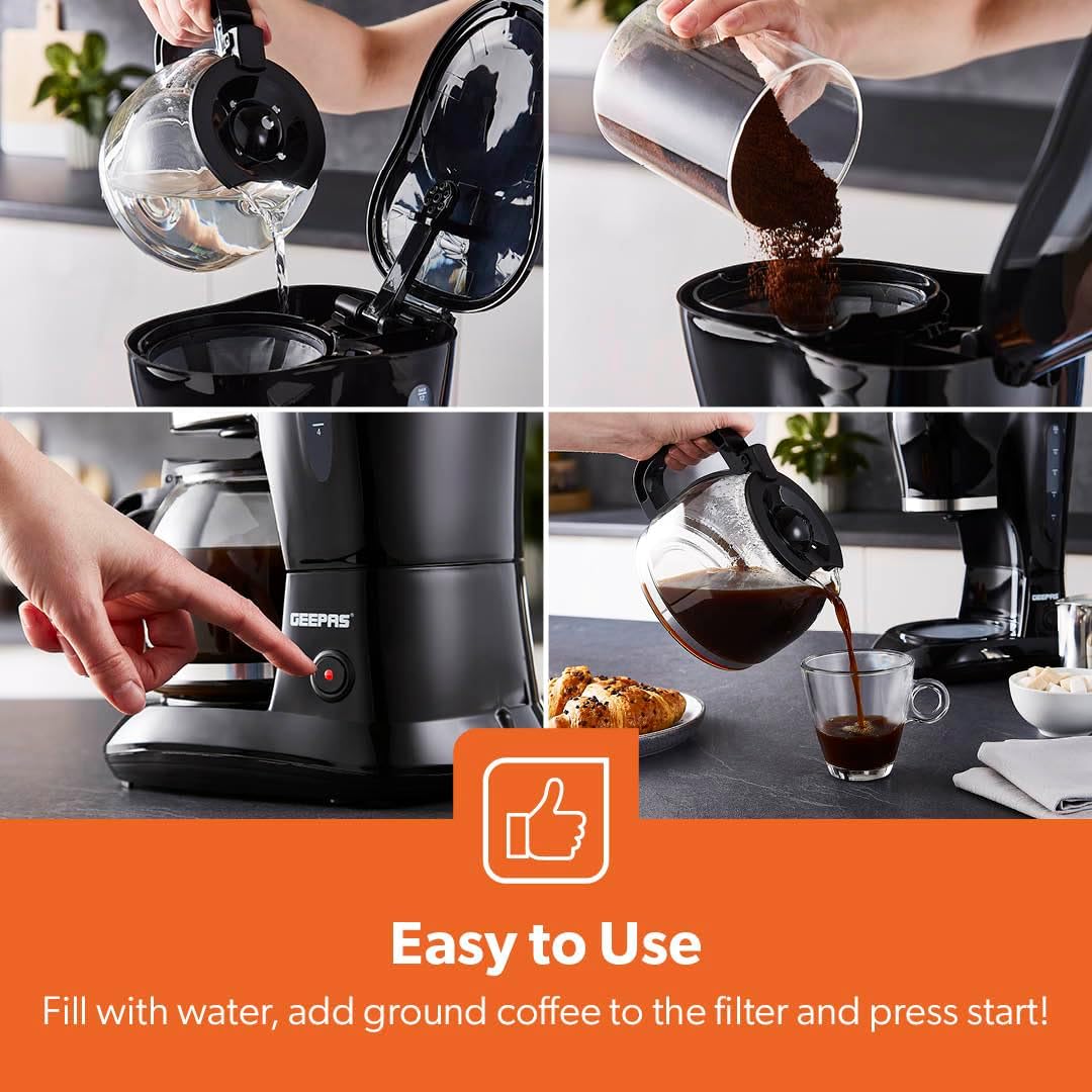 GEEPAS 1.5L Filter Coffee Machine | 800W Coffee Maker for Instant Coffee, Espresso, Macchiato & More | Boil-Dry Protection, Anti-Drip Function, Automatic Turn-Off Feature, Black