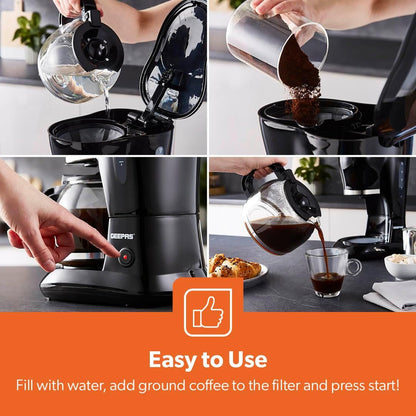 GEEPAS 1.5L Filter Coffee Machine | 800W Coffee Maker for Instant Coffee, Espresso, Macchiato & More | Boil-Dry Protection, Anti-Drip Function, Automatic Turn-Off Feature, Black