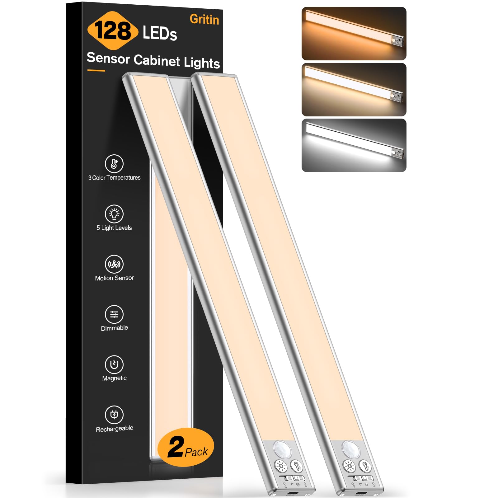 Gritin Under Cabinet Kitchen Lights-84 LED Super Bright,3-Color&5-Brightness,4 Modes,Motion Sensor,Rechargeable 1800mAh Long Lasting-Easy Installation Strong Magnetic Under Closet Light-2 Pack
