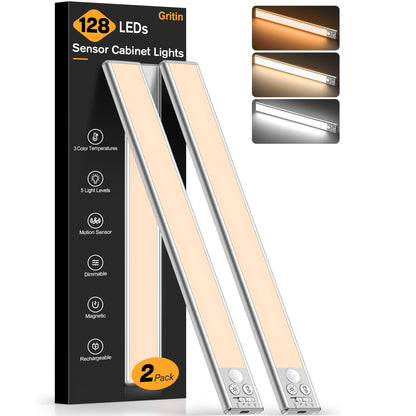 Gritin Under Cabinet Kitchen Lights-84 LED Super Bright,3-Color&5-Brightness,4 Modes,Motion Sensor,Rechargeable 1800mAh Long Lasting-Easy Installation Strong Magnetic Under Closet Light-2 Pack