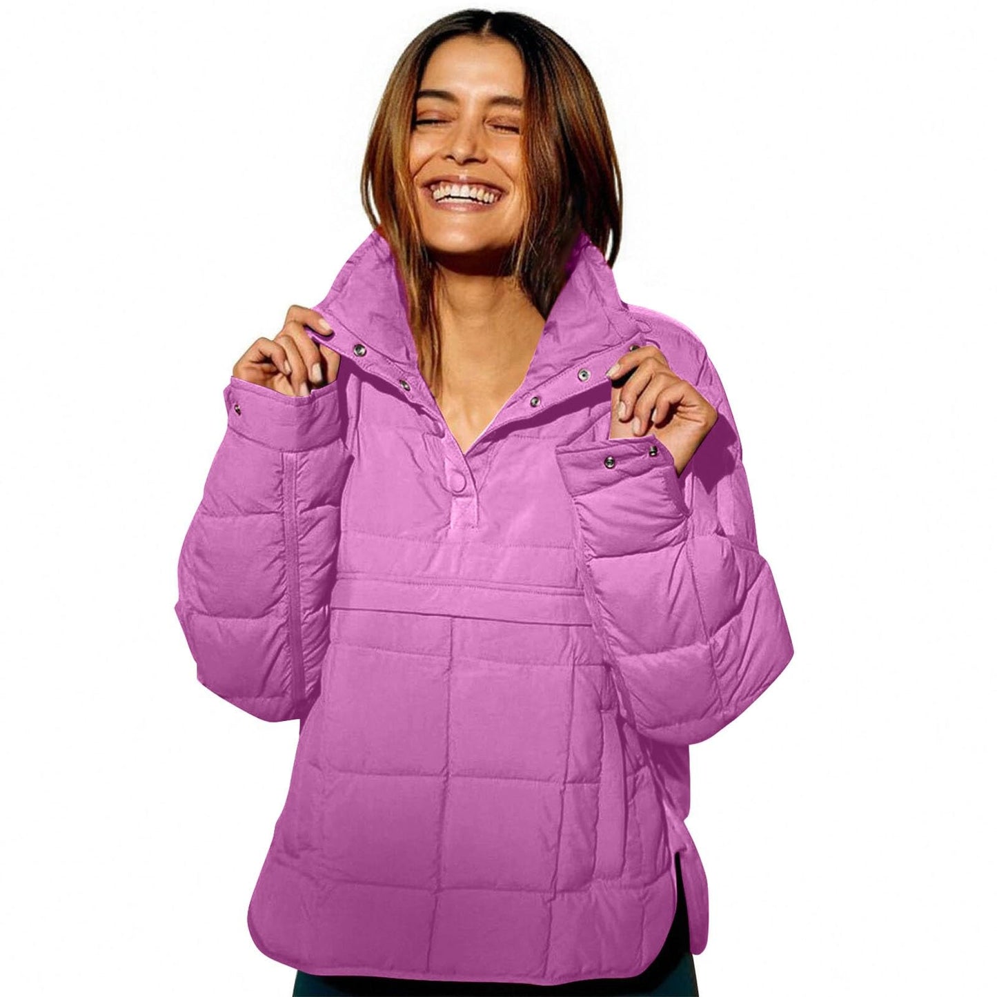 Womens Puffer Pullover Jacket Lightweight Quilted Dolman Hoodies Jackets Quarter Button Full Zip Casual Padded Coats Autumn and Winter Warm Baggy Comfort Outerwear for Hiking Traveling