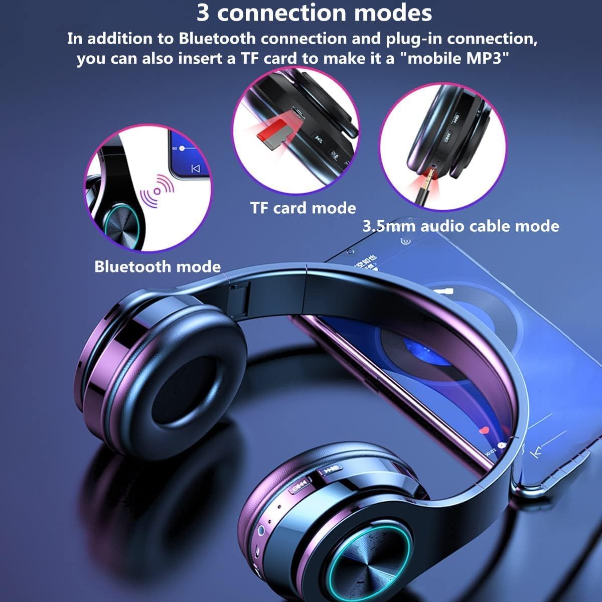 Bluetooth Headphones Over Ear, Wireless Headphones Over Ear, Foldable Lightweight Wireless Headphones with Built-in Noise Reduction Microphone for Online Class, Office, PC, Phone