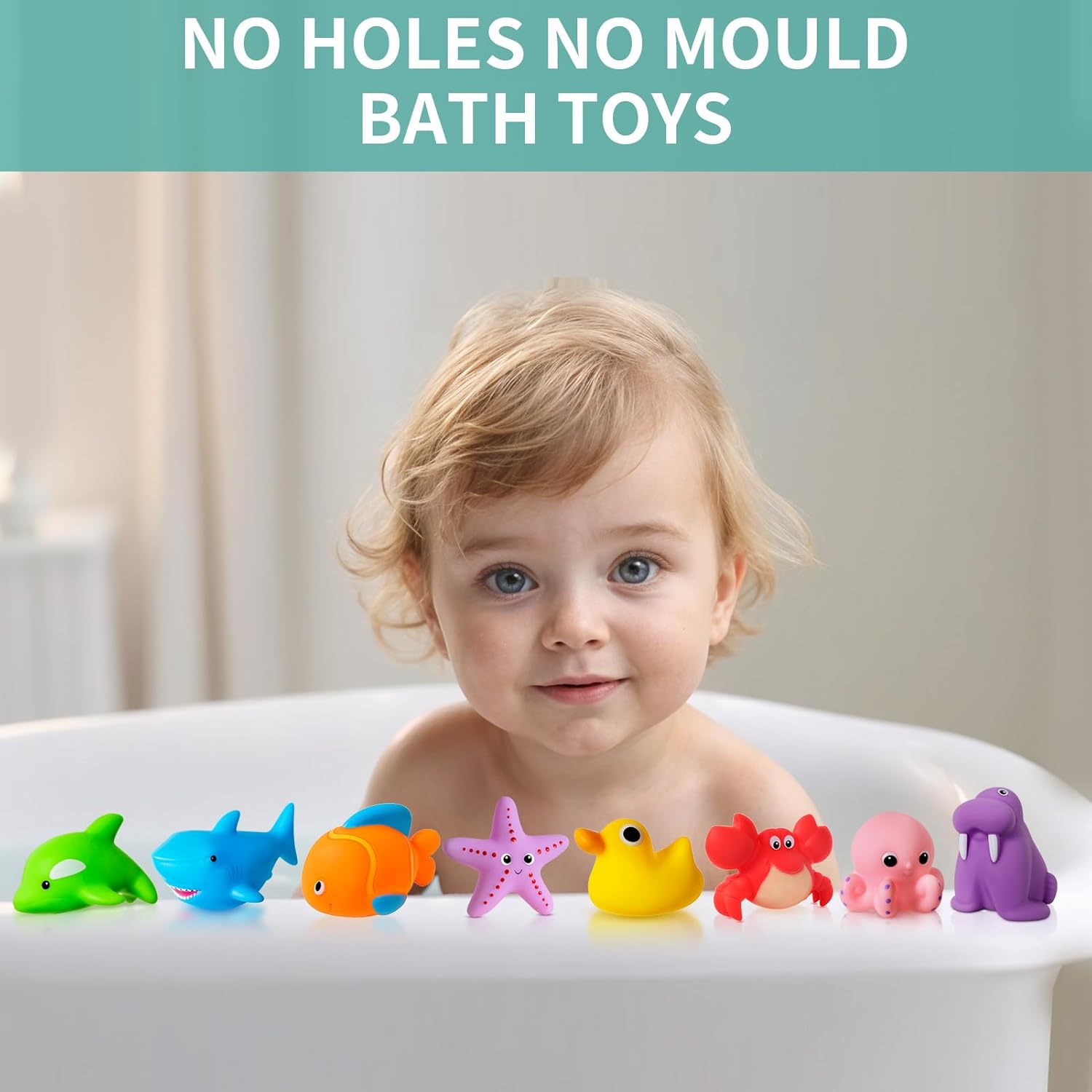 No Hole No Mould Baby Bath Toys - 9PCS Mould Free Bath Toys for 1 2 3 4 Year Olds Toddler Kids Swimming Pool Toys Sea Animals Water Toys for Boys Girls