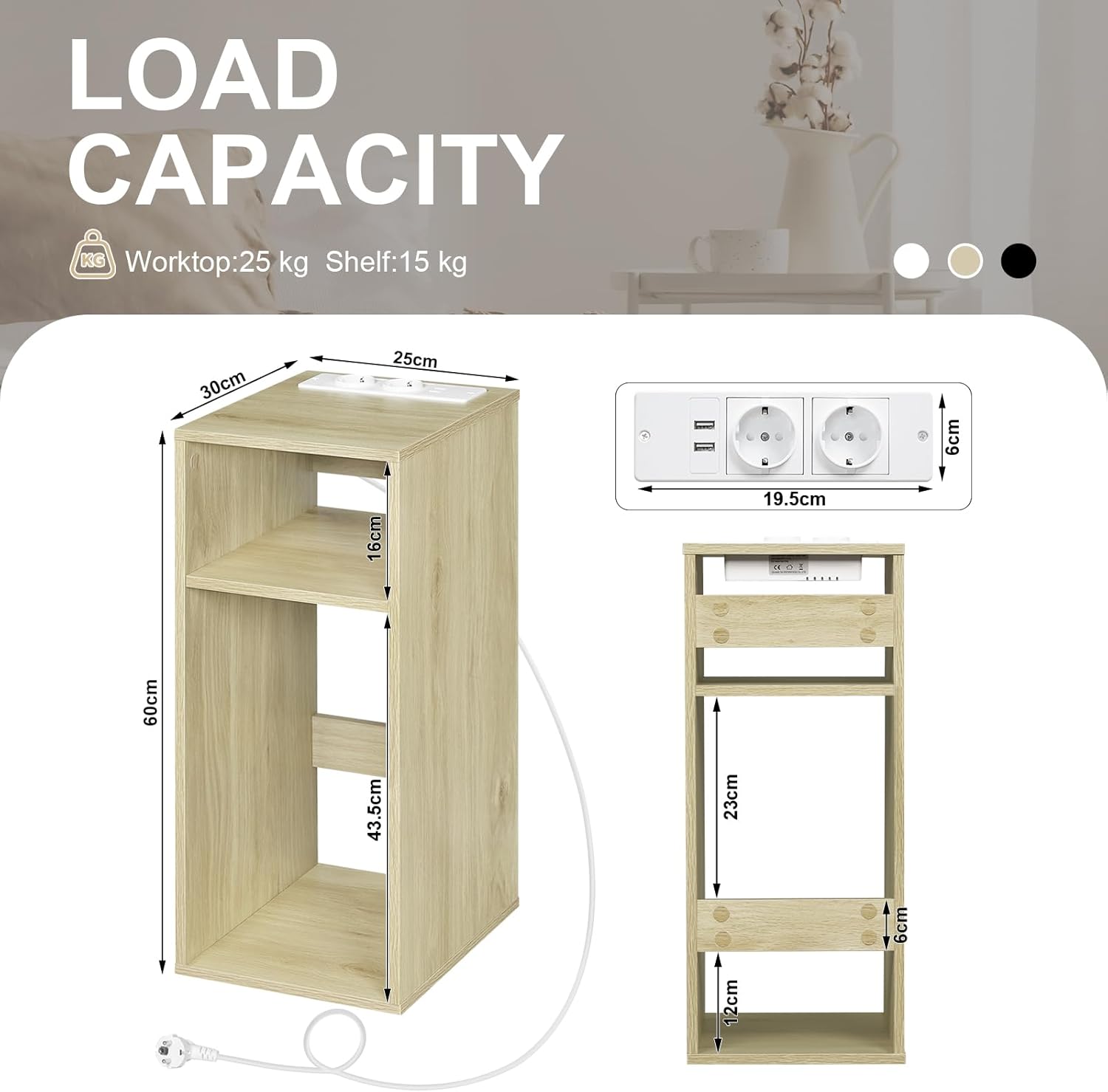 WOLTU Bedside Table, Nightstand with Charging Station with 2 Sockets and 2 USB Ports, Light Woodlook Side Table with 2 Open Compartments, Narrow Table for Living Room and Bedroom, 25x30x60cm, NTS06hei