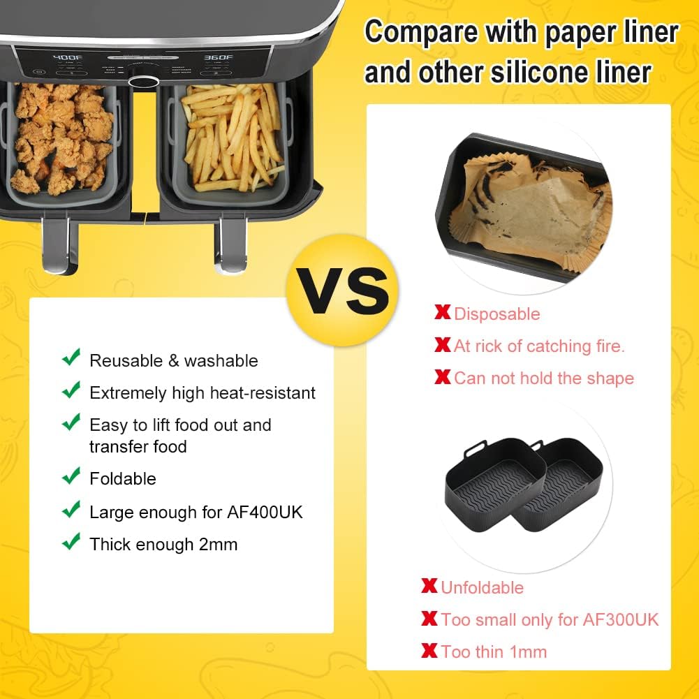 BYKITCHEN 2PCS Air Fryer Silicone Liner for Tower T17088 9L/Ninja Dual, Folding Large Air Fryer Basket Pot, Air Fryer Accessories for Ninja AF400UK/AF451UK 9.5L/Salter/Instant Vortex Plus Air Fryer