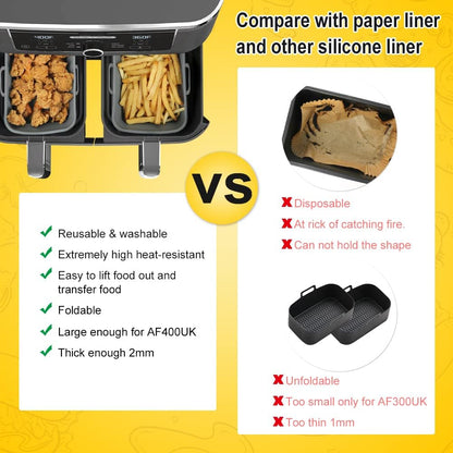 BYKITCHEN 2PCS Air Fryer Silicone Liner for Tower T17088 9L/Ninja Dual, Folding Large Air Fryer Basket Pot, Air Fryer Accessories for Ninja AF400UK/AF451UK 9.5L/Salter/Instant Vortex Plus Air Fryer