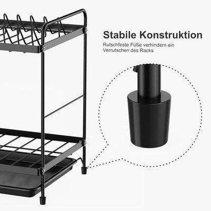 iSPECLE 2 Tier Dish Drainer Rack - Small Dish Drying Rack with Drip Tray, Space-Saving Draining Board Rack with Utensil Cutting & Board Holder for Kitchen Worktop, Black