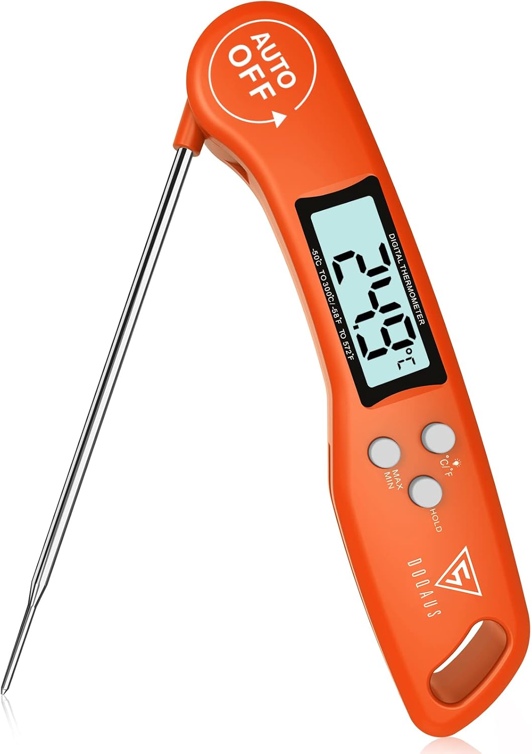 DOQAUS Food Thermometer, Instant Read Meat Thermometers, Digital Cooking Thermometer, Backlight LCD Screen Foldable Long Probe, Auto On/Off, Perfect for Kitchen Cooking, BBQ, Water,Meat, Milk(Orange)