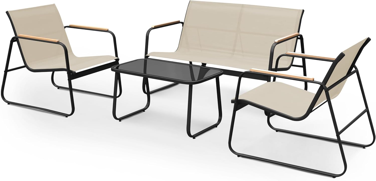 KEPLIN Mesh 4 Piece Garden Furniture Set, Modern Outdoor Patio Set with Easy Assembly, Comfortable & Durable Outdoor Furniture, Ideal Conversation Set for Gardens, Balconies, Poolside, Black