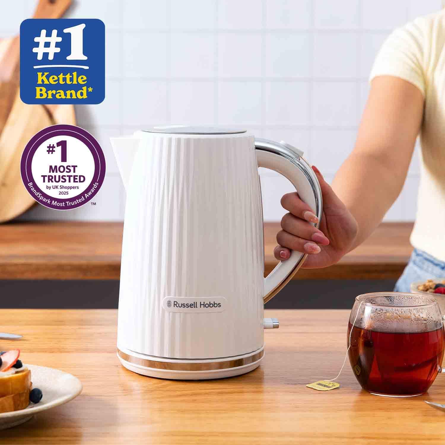 Russell Hobbs Electric Kettle (Hot Water, Tea or Coffee, 1.7L, Push to open lid, Perfect pour spout, Removable washable filter, Illuminated switch, Chrome accents, White, 3000W) Eden 27360