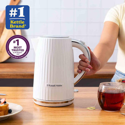 Russell Hobbs Electric Kettle (Hot Water, Tea or Coffee, 1.7L, Push to open lid, Perfect pour spout, Removable washable filter, Illuminated switch, Chrome accents, White, 3000W) Eden 27360