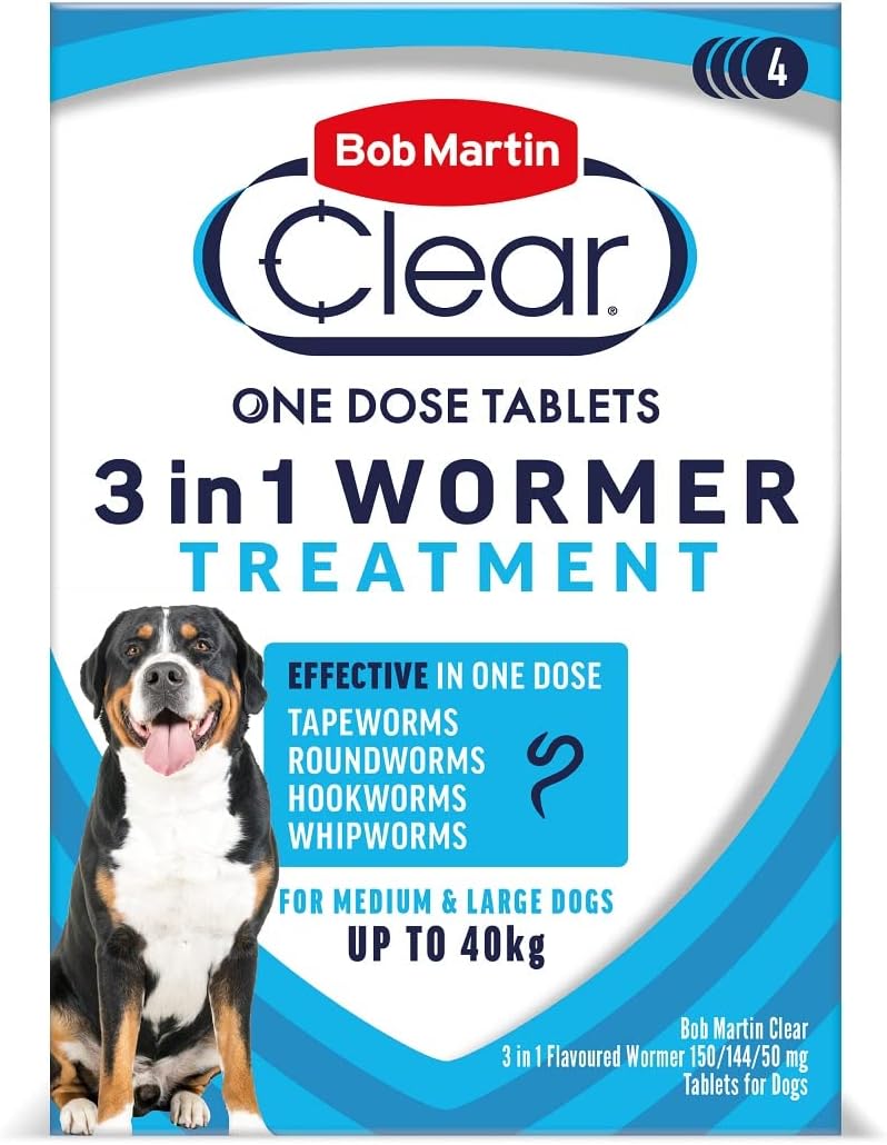 Bob Martin Clear 3-in-1 Wormer for Dogs (4 Tablets) - For Small, Medium and Large Dogs up to 40kg, Clinically Proven Treatment