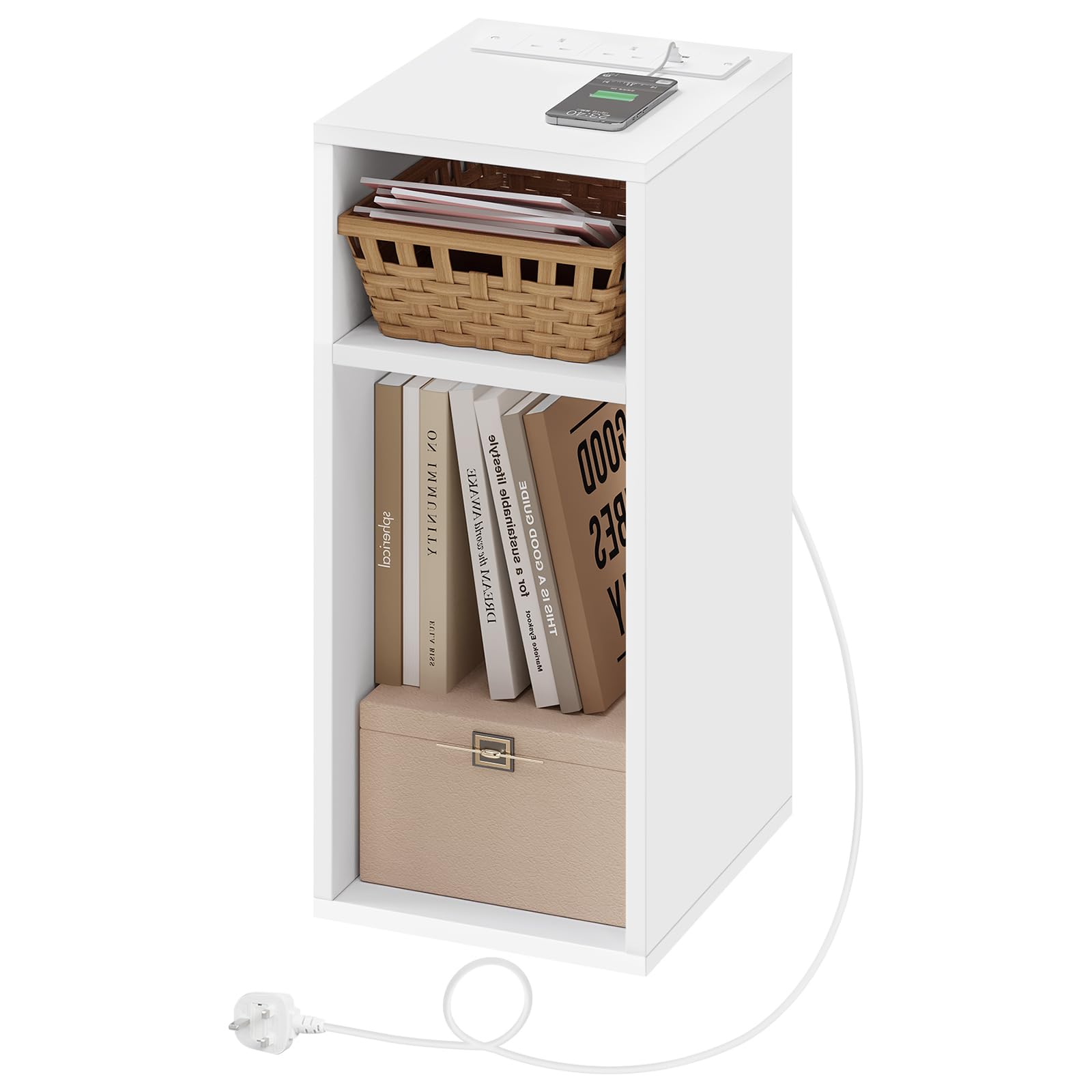 WOLTU Bedside Table, Nightstand with Charging Station with 2 Sockets and 2 USB Ports, Light Woodlook Side Table with 2 Open Compartments, Narrow Table for Living Room and Bedroom, 25x30x60cm, NTS06hei