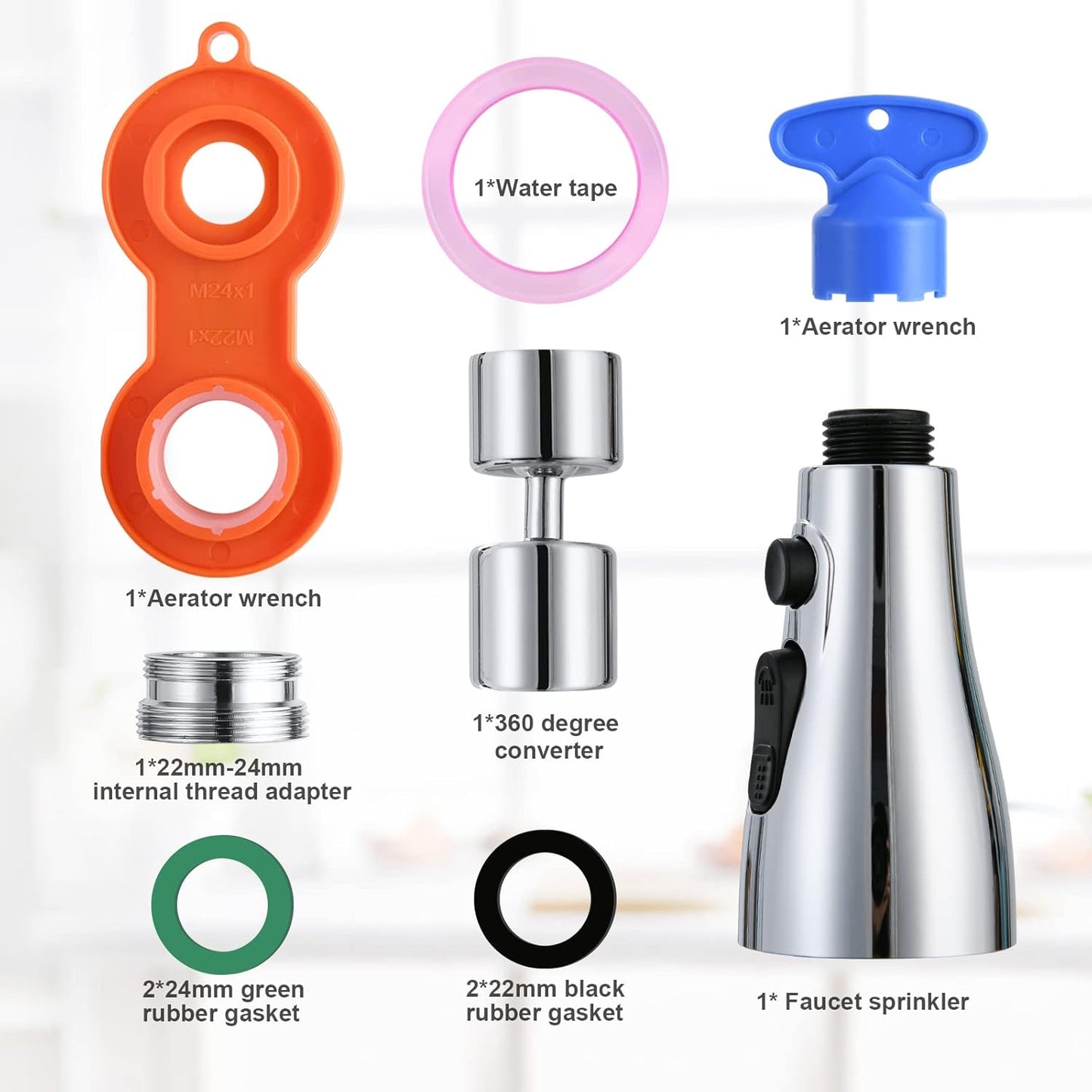 OSDUE Kitchen Tap Spray Head, 360° Swivel Spout, FM22 M24 Kitchen Sink Tap, Tap Faucet Attachment Spray with 3 Modes, Replacement Tap Bubbler Head Aerator,Tap Adapter Accessories,G1/2