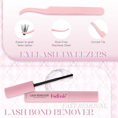 FADLASH DIY Lash Extension Kit Individual Lashes Clusters30P+40P D Curl 8-16mm Lash Bond and Seal, Clusters Lash Glue Remover and Eyelash Tweezers for Eyelash Extensions