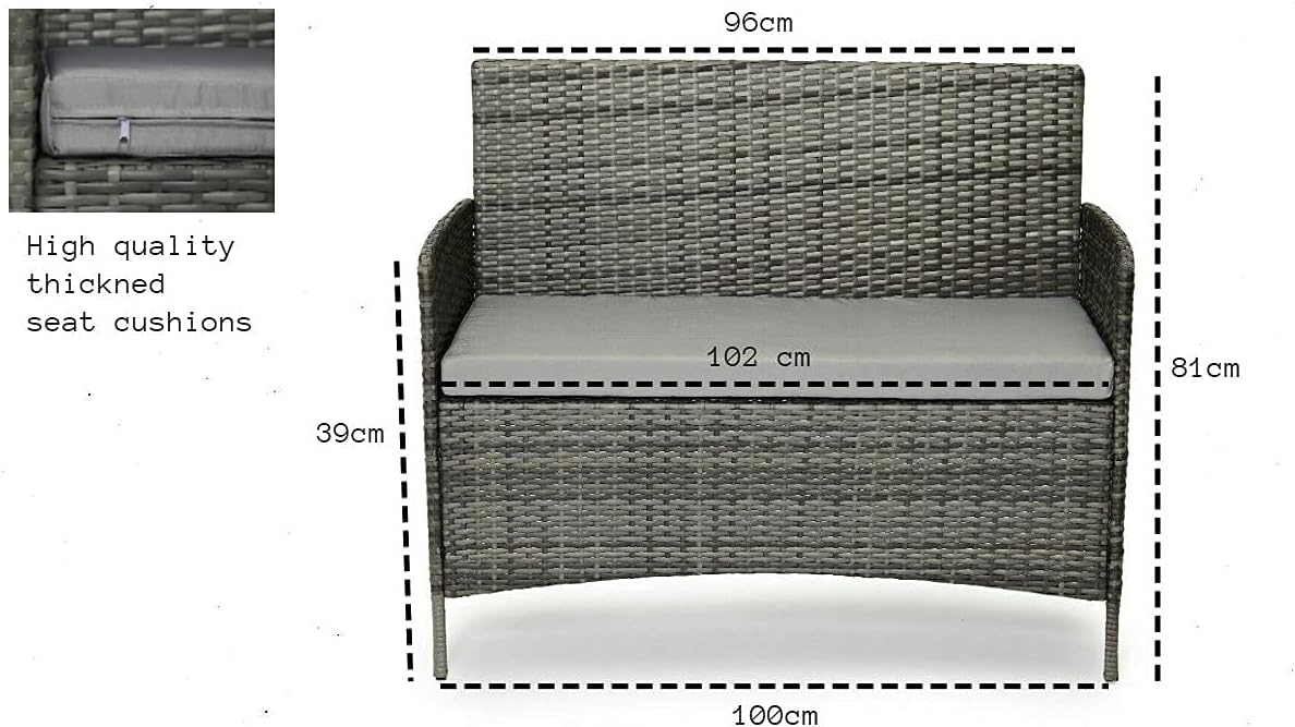 Grey Rattan Garden Furniture Set Patio Conservatory Balcony Indoor Outdoor 4 Seater Piece Glass Top Coffee Table Modular Sofa Loveseat with Cushions