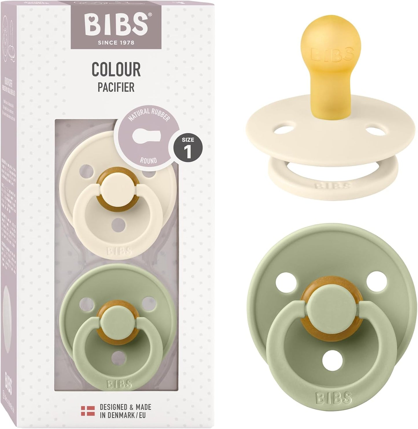 BIBS Colour Soother 2-Pack, BPA Free Dummy Pacifier, Round Nipple. Natural Rubber Latex, Size 1 (0-6 Months), Ivory/Sage