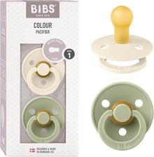 BIBS Colour Soother 2-Pack, BPA Free Dummy Pacifier, Round Nipple. Natural Rubber Latex, Size 1 (0-6 Months), Ivory/Sage
