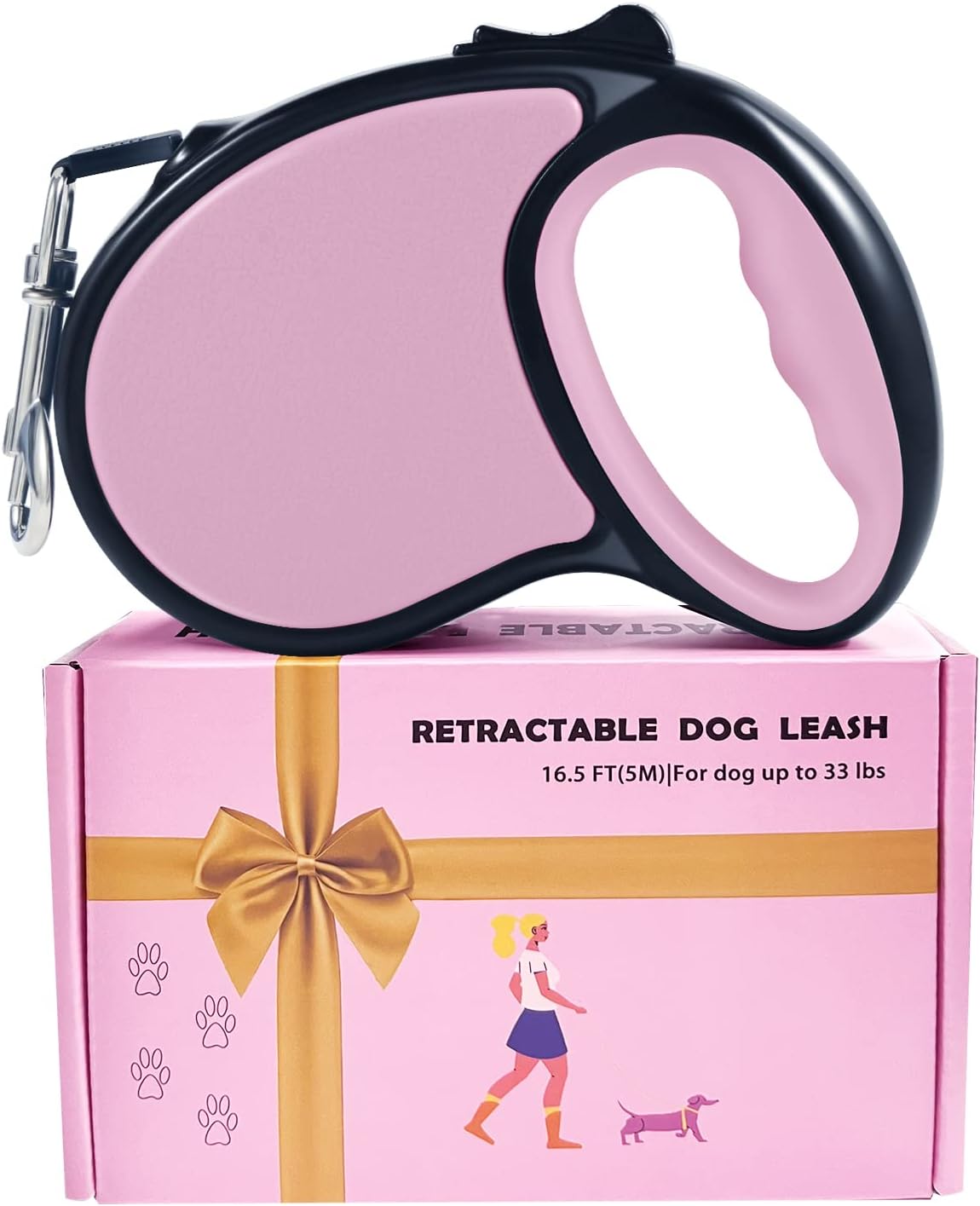 Retractable Dog Lead, ANCOOLE 5M/16FT Extendable Dog Lead 360°Tangle-Free Smooth&Durable Nylon Tape with Anti-Slip Handle, One-Handed Brake for Small Medium Dogs (Pink)