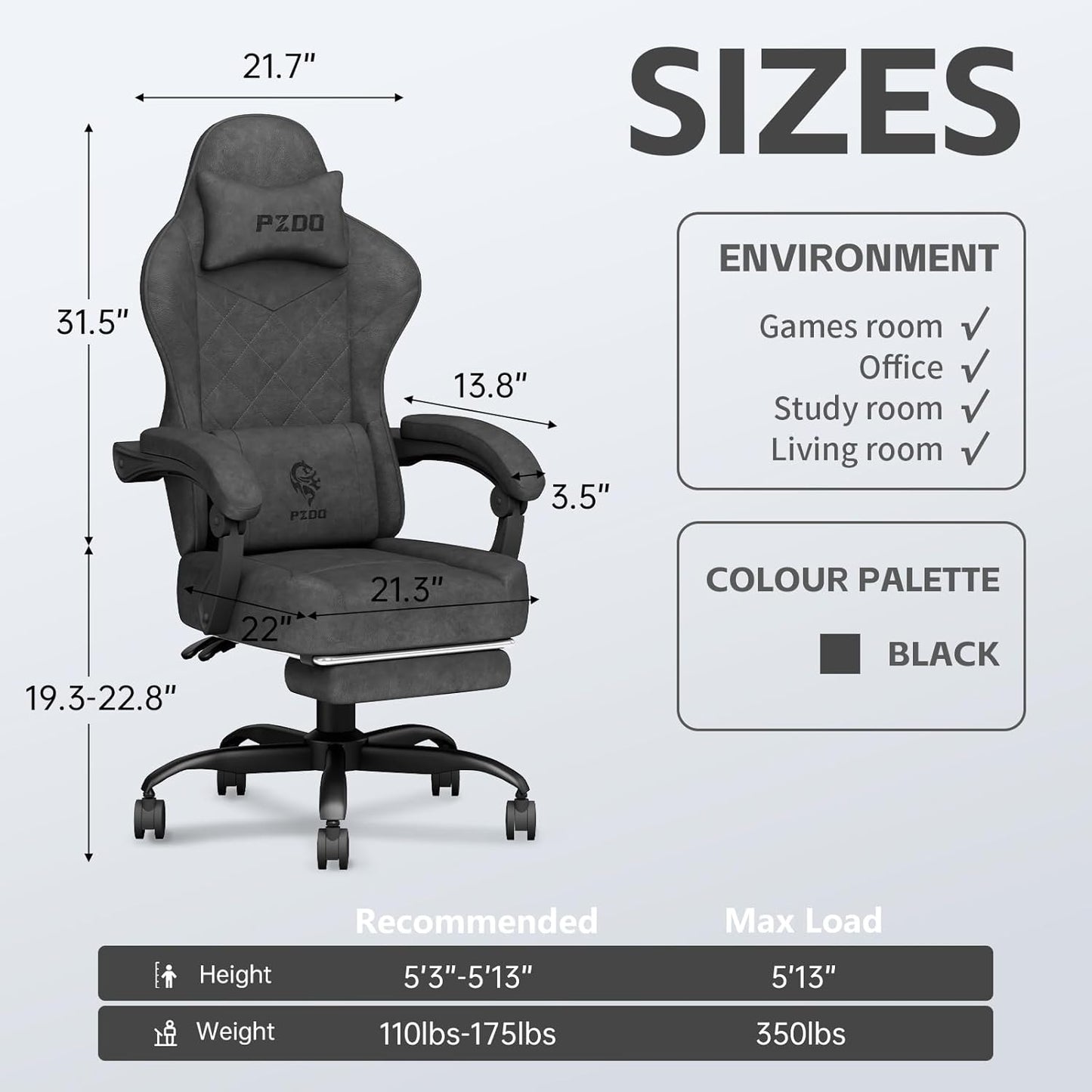 Gaming Chair, Gaming Chairs for Adults, Ergonomic Computer Chair with Footrest, Reclining Pc Gamer Chairs with Headrest and Lumbar Support, Technical Fabric, Black, 350LBS