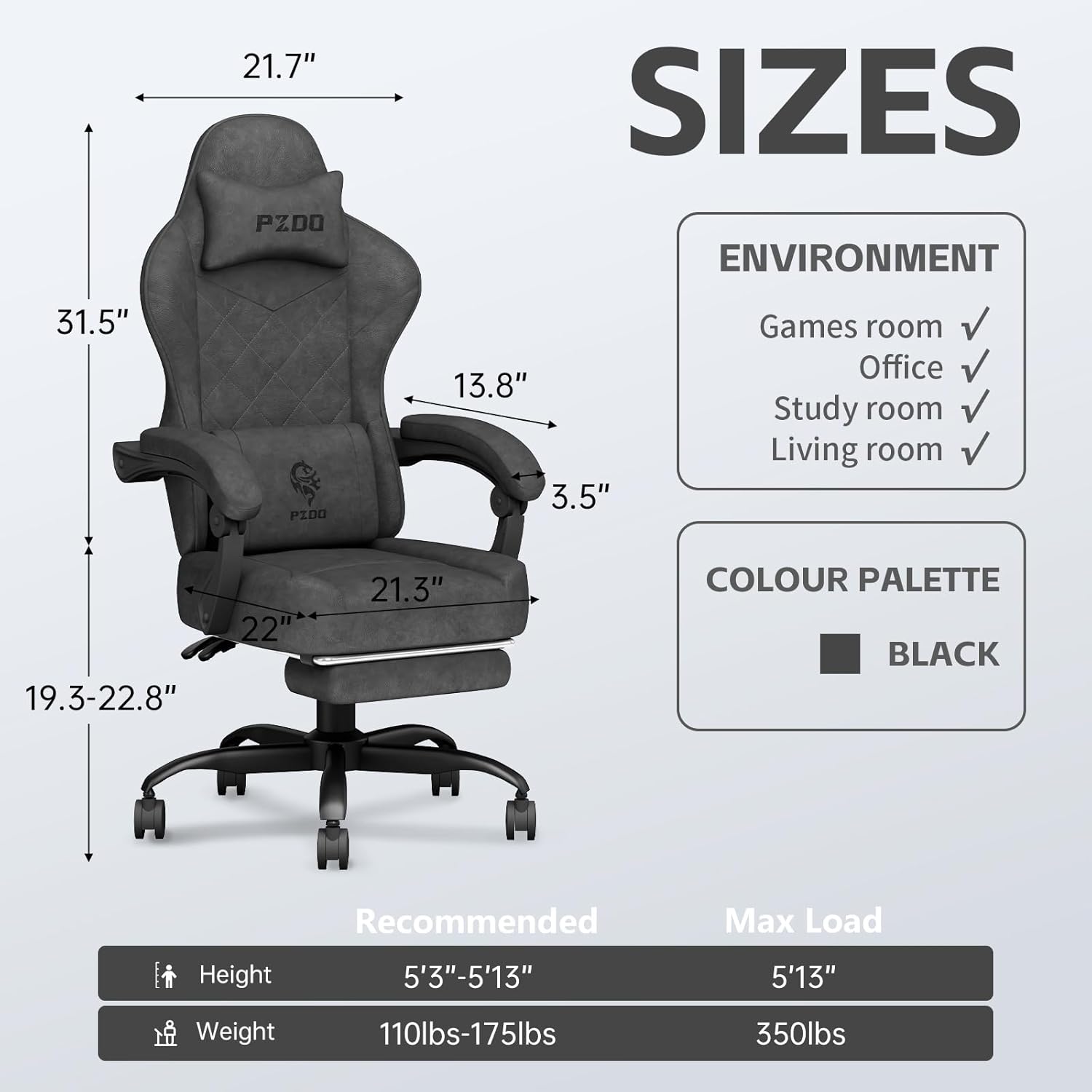 Gaming Chair, Gaming Chairs for Adults, Ergonomic Computer Chair with Footrest, Reclining Pc Gamer Chairs with Headrest and Lumbar Support, Technical Fabric, Black, 350LBS