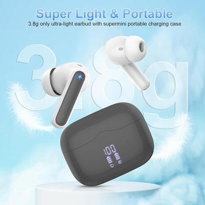 Wireless Earbuds, Bluetooth 5.3 Headphones in Ear with HiFi Stereo Deep Bass, 4 ENC Noise Cancelling Mic Wireless Earphones 40H Playtime, Bluetooth Earbuds Dual LED Display, IP7 Waterproof, Grey