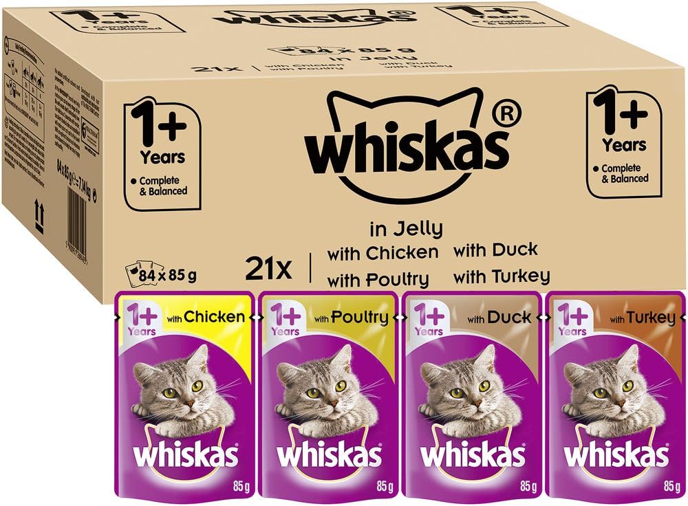 whiskas 1 plus Adult Mixed Selection in Jelly 84 Pouches, Adult Wet Cat Food, Megapack (84 x 85 g)